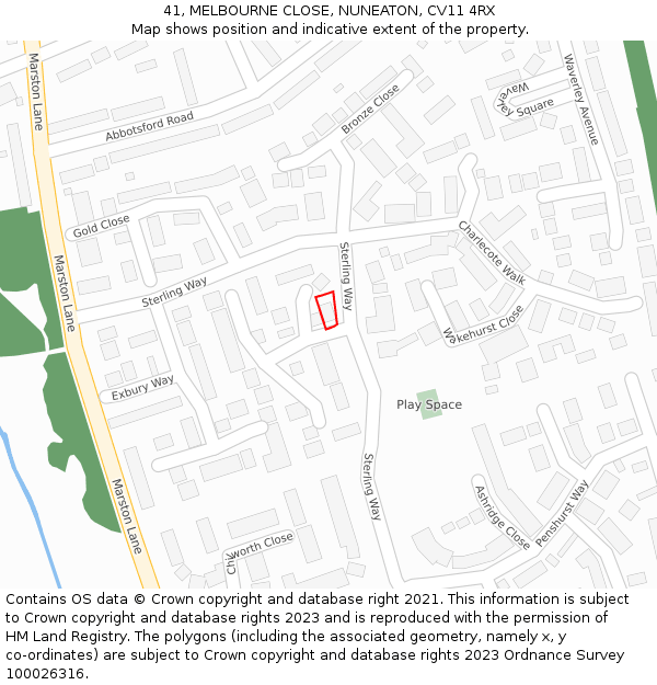 41, MELBOURNE CLOSE, NUNEATON, CV11 4RX: Location map and indicative extent of plot