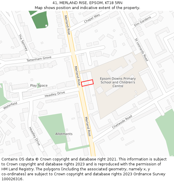 41, MERLAND RISE, EPSOM, KT18 5RN: Location map and indicative extent of plot