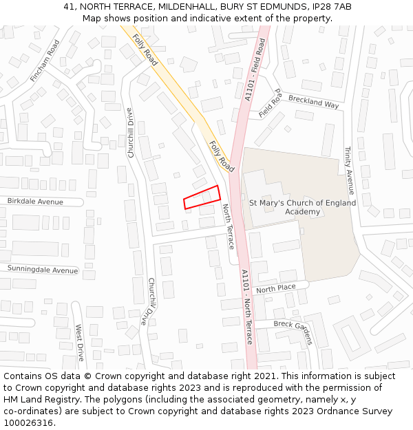 41, NORTH TERRACE, MILDENHALL, BURY ST EDMUNDS, IP28 7AB: Location map and indicative extent of plot