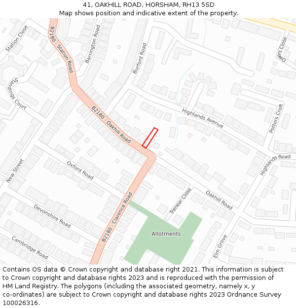 41, OAKHILL ROAD, HORSHAM, RH13 5SD: Location map and indicative extent of plot