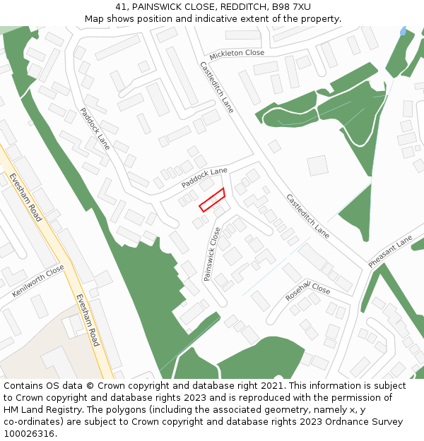 41, PAINSWICK CLOSE, REDDITCH, B98 7XU: Location map and indicative extent of plot