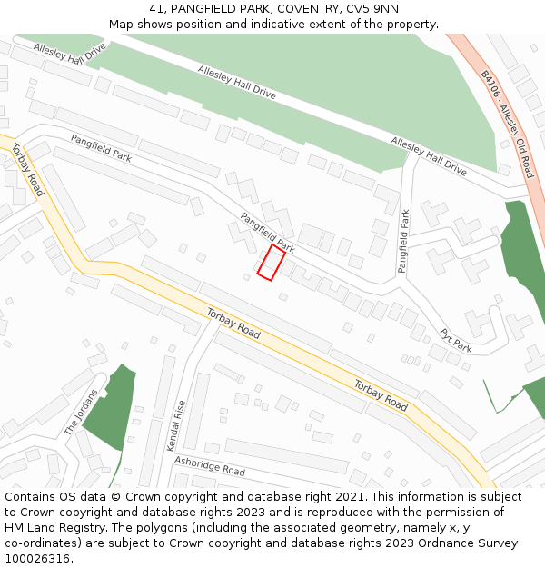 41, PANGFIELD PARK, COVENTRY, CV5 9NN: Location map and indicative extent of plot