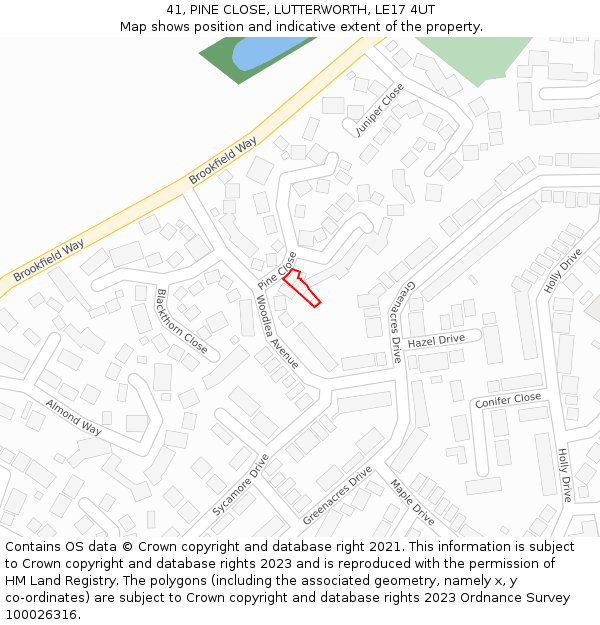 41, PINE CLOSE, LUTTERWORTH, LE17 4UT: Location map and indicative extent of plot