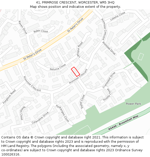 41, PRIMROSE CRESCENT, WORCESTER, WR5 3HQ: Location map and indicative extent of plot