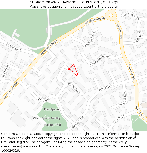 41, PROCTOR WALK, HAWKINGE, FOLKESTONE, CT18 7QS: Location map and indicative extent of plot
