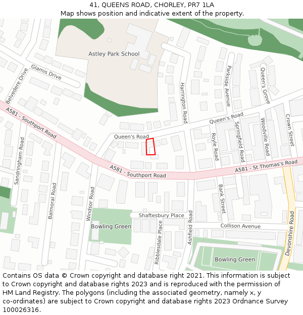 41, QUEENS ROAD, CHORLEY, PR7 1LA: Location map and indicative extent of plot