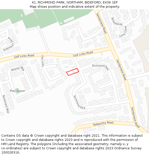 41, RICHMOND PARK, NORTHAM, BIDEFORD, EX39 1EP: Location map and indicative extent of plot