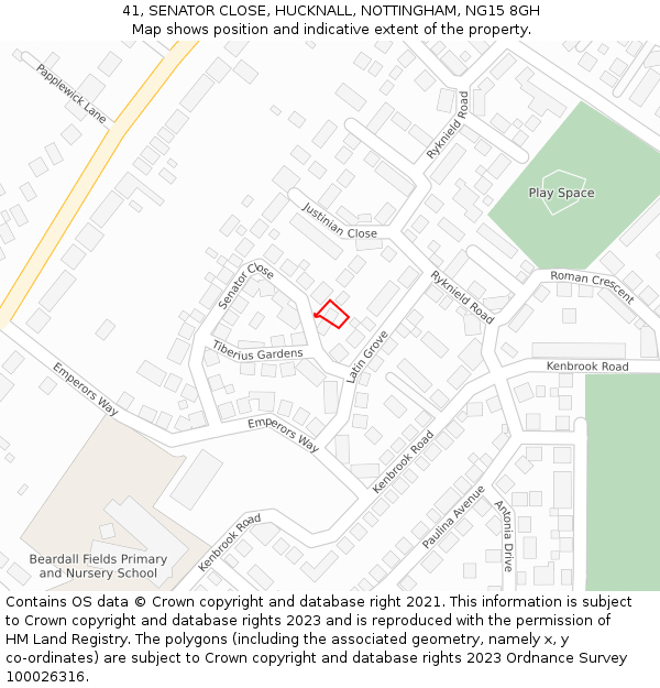 41, SENATOR CLOSE, HUCKNALL, NOTTINGHAM, NG15 8GH: Location map and indicative extent of plot
