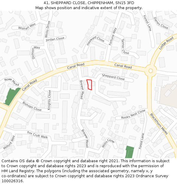 41, SHEPPARD CLOSE, CHIPPENHAM, SN15 3FD: Location map and indicative extent of plot