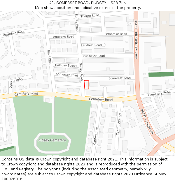 41, SOMERSET ROAD, PUDSEY, LS28 7LN: Location map and indicative extent of plot