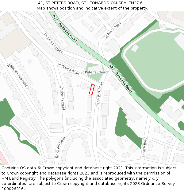 41, ST PETERS ROAD, ST LEONARDS-ON-SEA, TN37 6JH: Location map and indicative extent of plot