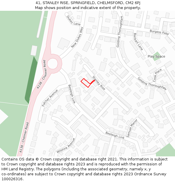 41, STANLEY RISE, SPRINGFIELD, CHELMSFORD, CM2 6PJ: Location map and indicative extent of plot