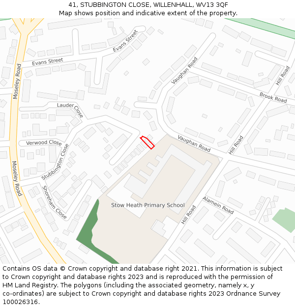 41, STUBBINGTON CLOSE, WILLENHALL, WV13 3QF: Location map and indicative extent of plot