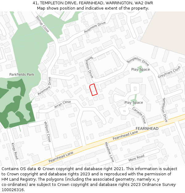41, TEMPLETON DRIVE, FEARNHEAD, WARRINGTON, WA2 0WR: Location map and indicative extent of plot