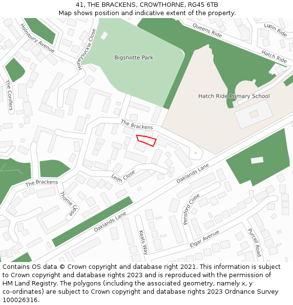 41, THE BRACKENS, CROWTHORNE, RG45 6TB: Location map and indicative extent of plot