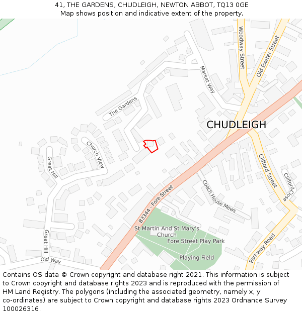 41, THE GARDENS, CHUDLEIGH, NEWTON ABBOT, TQ13 0GE: Location map and indicative extent of plot