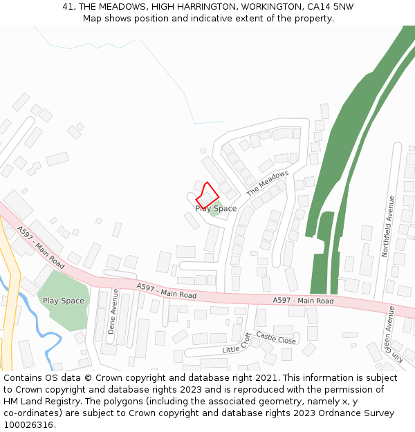 41, THE MEADOWS, HIGH HARRINGTON, WORKINGTON, CA14 5NW: Location map and indicative extent of plot