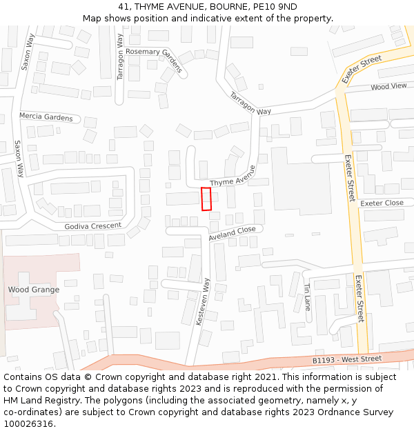 41, THYME AVENUE, BOURNE, PE10 9ND: Location map and indicative extent of plot
