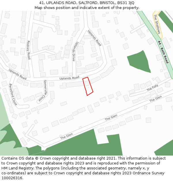 41, UPLANDS ROAD, SALTFORD, BRISTOL, BS31 3JQ: Location map and indicative extent of plot