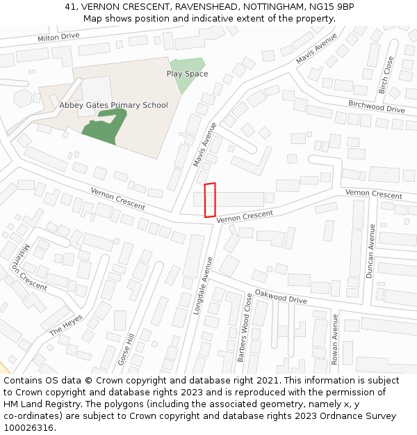 41, VERNON CRESCENT, RAVENSHEAD, NOTTINGHAM, NG15 9BP: Location map and indicative extent of plot