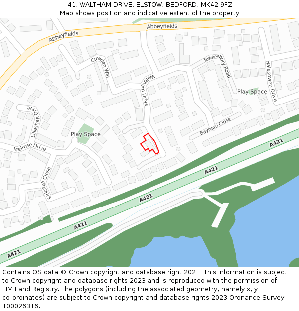 41, WALTHAM DRIVE, ELSTOW, BEDFORD, MK42 9FZ: Location map and indicative extent of plot