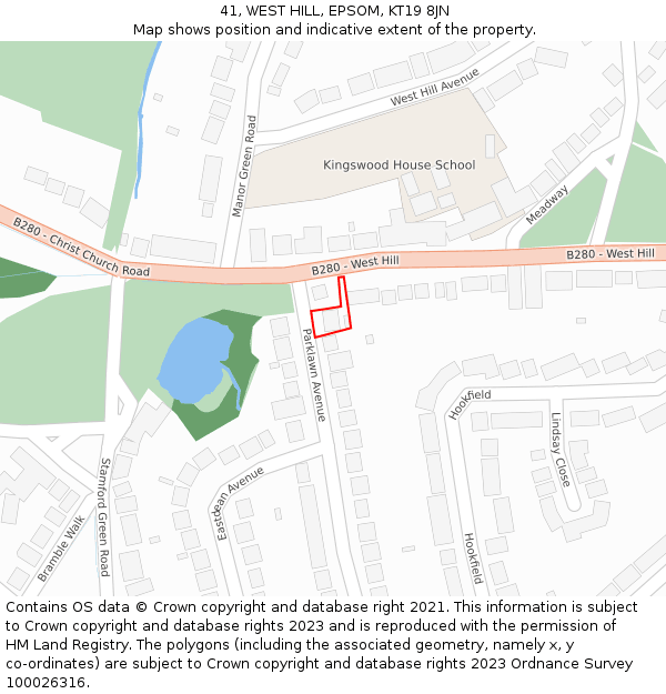 41, WEST HILL, EPSOM, KT19 8JN: Location map and indicative extent of plot