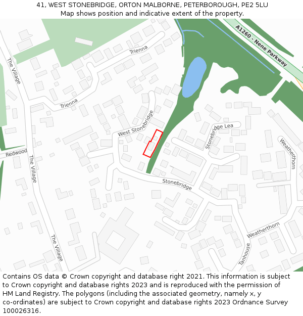 41, WEST STONEBRIDGE, ORTON MALBORNE, PETERBOROUGH, PE2 5LU: Location map and indicative extent of plot