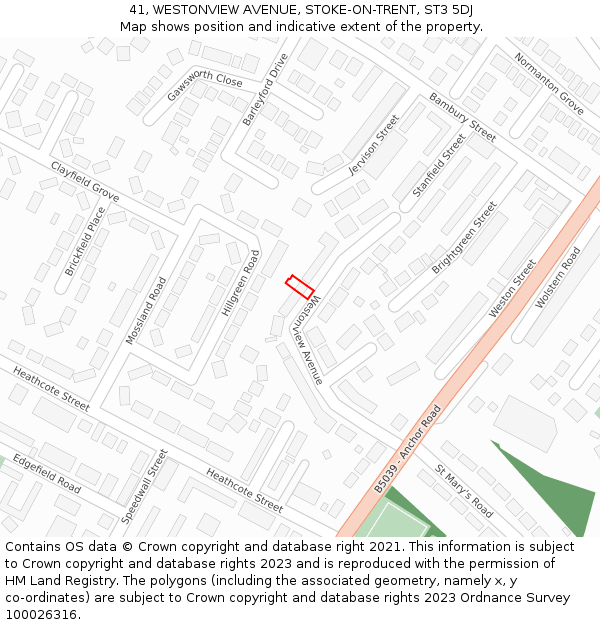 41, WESTONVIEW AVENUE, STOKE-ON-TRENT, ST3 5DJ: Location map and indicative extent of plot