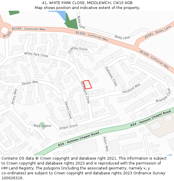 41, WHITE PARK CLOSE, MIDDLEWICH, CW10 9GB: Location map and indicative extent of plot