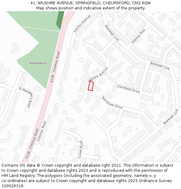 41, WILSHIRE AVENUE, SPRINGFIELD, CHELMSFORD, CM2 6QW: Location map and indicative extent of plot