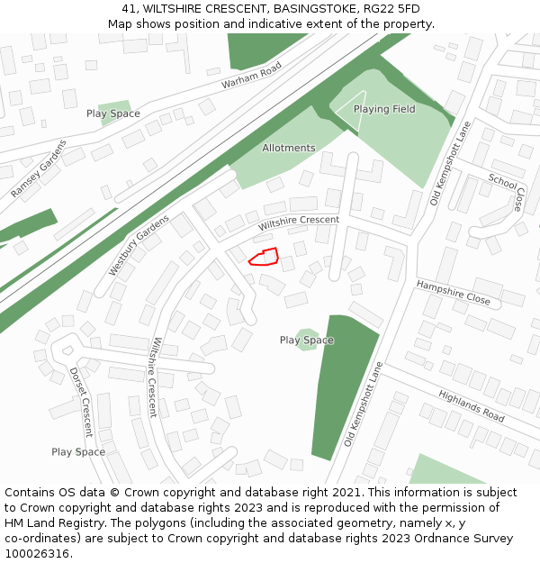 41, WILTSHIRE CRESCENT, BASINGSTOKE, RG22 5FD: Location map and indicative extent of plot