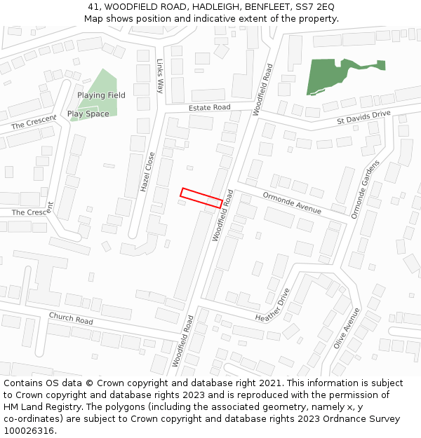 41, WOODFIELD ROAD, HADLEIGH, BENFLEET, SS7 2EQ: Location map and indicative extent of plot