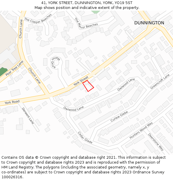 41, YORK STREET, DUNNINGTON, YORK, YO19 5ST: Location map and indicative extent of plot
