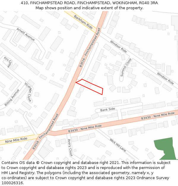 410, FINCHAMPSTEAD ROAD, FINCHAMPSTEAD, WOKINGHAM, RG40 3RA: Location map and indicative extent of plot