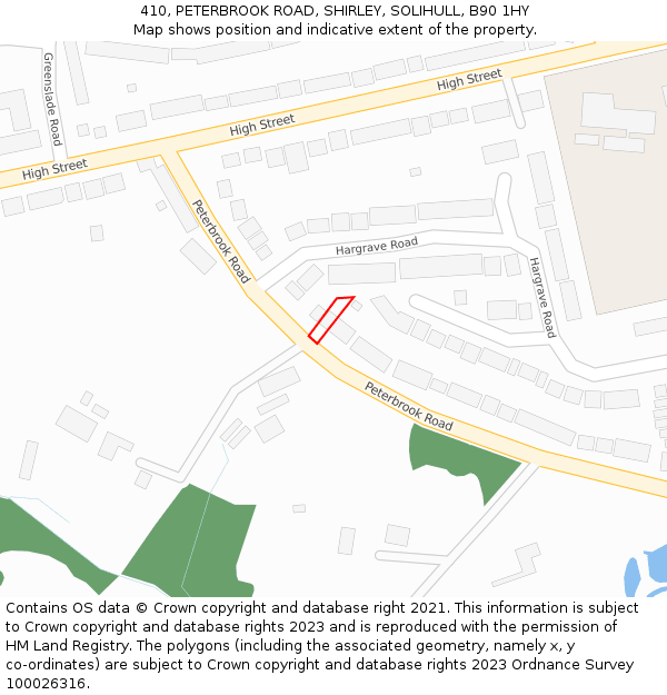 410, PETERBROOK ROAD, SHIRLEY, SOLIHULL, B90 1HY: Location map and indicative extent of plot