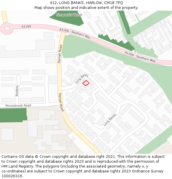 412, LONG BANKS, HARLOW, CM18 7PQ: Location map and indicative extent of plot