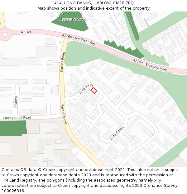 414, LONG BANKS, HARLOW, CM18 7PQ: Location map and indicative extent of plot