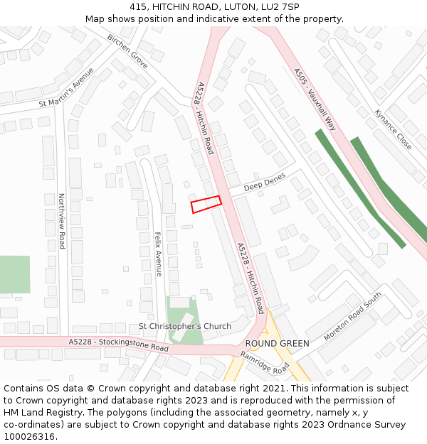 415, HITCHIN ROAD, LUTON, LU2 7SP: Location map and indicative extent of plot