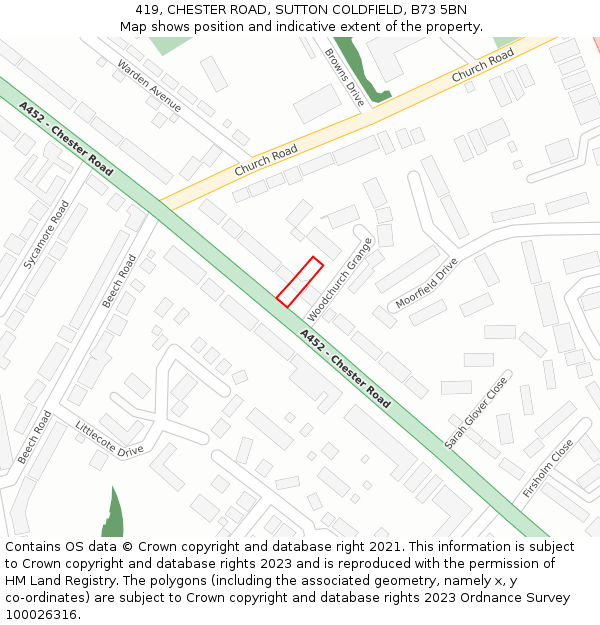 419, CHESTER ROAD, SUTTON COLDFIELD, B73 5BN: Location map and indicative extent of plot
