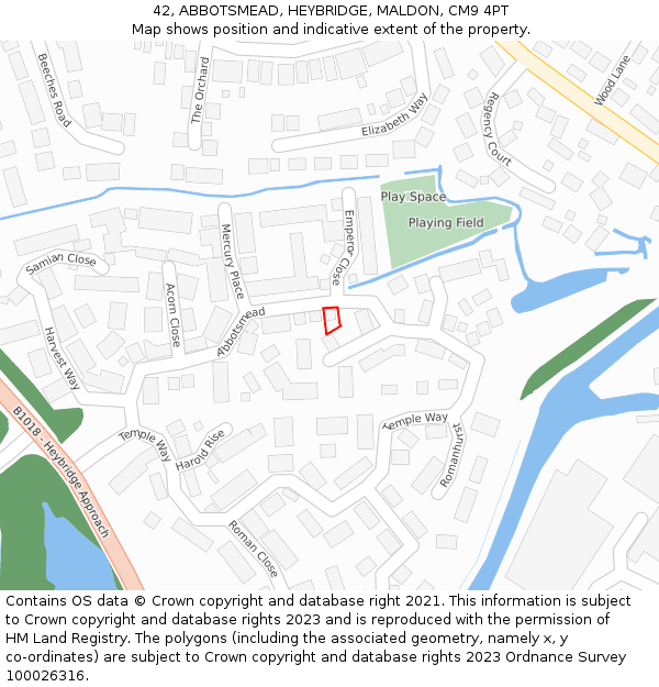 42, ABBOTSMEAD, HEYBRIDGE, MALDON, CM9 4PT: Location map and indicative extent of plot