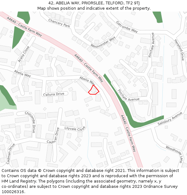 42, ABELIA WAY, PRIORSLEE, TELFORD, TF2 9TJ: Location map and indicative extent of plot