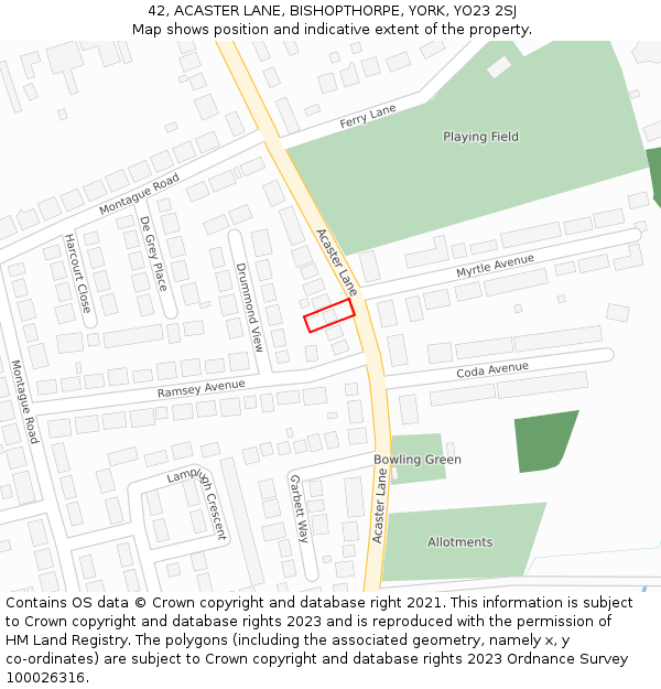 42, ACASTER LANE, BISHOPTHORPE, YORK, YO23 2SJ: Location map and indicative extent of plot