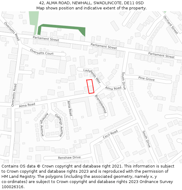 42, ALMA ROAD, NEWHALL, SWADLINCOTE, DE11 0SD: Location map and indicative extent of plot