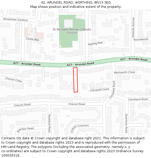 42, ARUNDEL ROAD, WORTHING, BN13 3EQ: Location map and indicative extent of plot