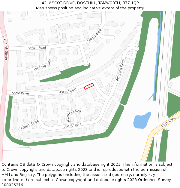 42, ASCOT DRIVE, DOSTHILL, TAMWORTH, B77 1QP: Location map and indicative extent of plot