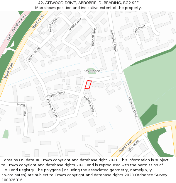 42, ATTWOOD DRIVE, ARBORFIELD, READING, RG2 9FE: Location map and indicative extent of plot