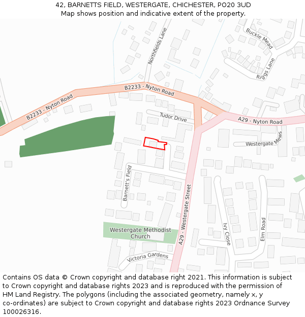 42, BARNETTS FIELD, WESTERGATE, CHICHESTER, PO20 3UD: Location map and indicative extent of plot