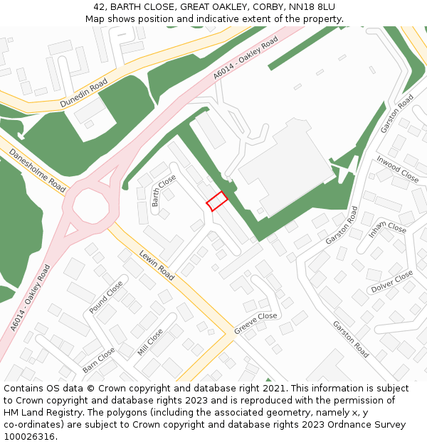 42, BARTH CLOSE, GREAT OAKLEY, CORBY, NN18 8LU: Location map and indicative extent of plot