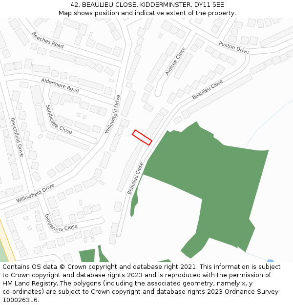 42, BEAULIEU CLOSE, KIDDERMINSTER, DY11 5EE: Location map and indicative extent of plot