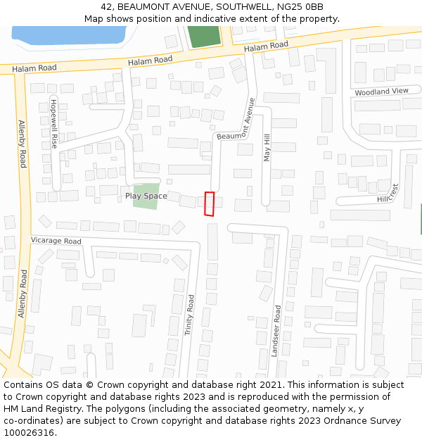 42, BEAUMONT AVENUE, SOUTHWELL, NG25 0BB: Location map and indicative extent of plot